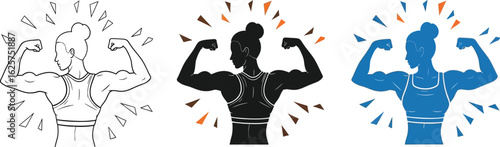 Three variations of a woman flexing her biceps with burst background