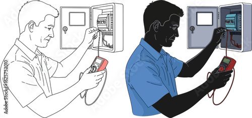 Illustration of electrician testing electrical box with multimeter tool