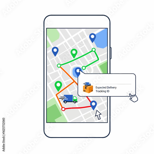 Smartphone app displays live delivery route with multiple stops and truck icon on a city map