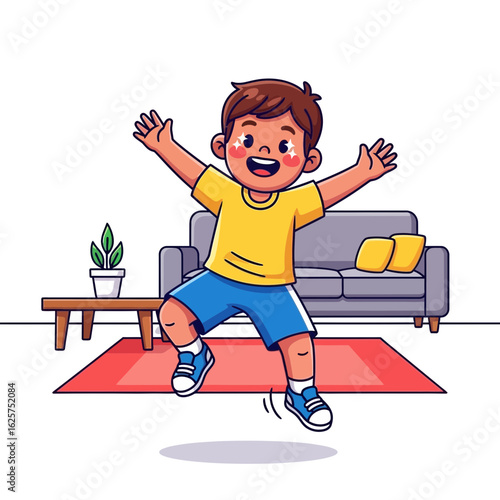 Excited cartoon boy with sparkling eyes jumping in the air wearing a yellow tshirt and blue shorts.