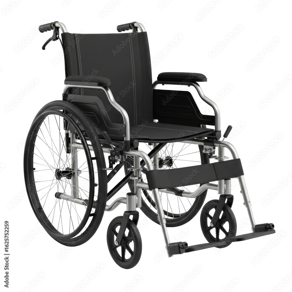 Fototapeta premium Empty, modern wheelchair with a black seat and silver frame, perfect for illustrating healthcare, disability, or rehabilitation.