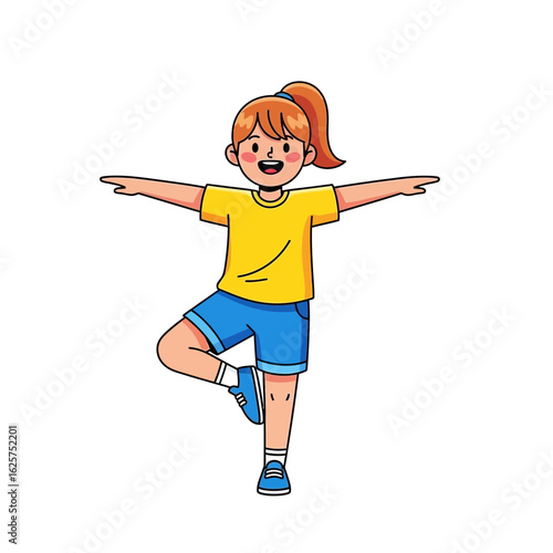 Cheerful cartoon girl with an orange ponytail in a yellow shirt doing a balancing yoga pose.