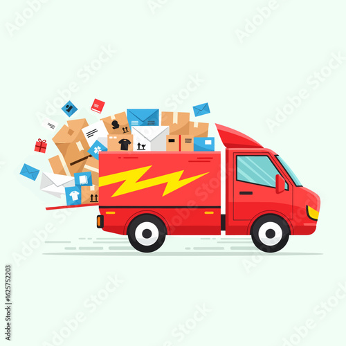 Fast delivery red truck loaded with many packages and envelopes moving quickly