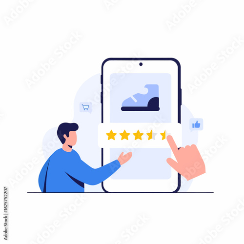 Customer reviews a shoe product on a mobile phone screen with a star rating and like icons symbolizing positive feedback and online shopping experience