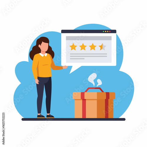 Woman showing a four-star customer review and an open gift box with steam