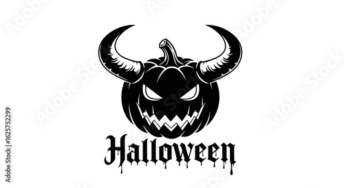 Sinister black jackolantern with demonic horns and gothic Halloween text.