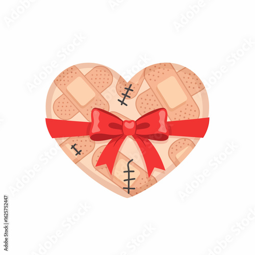 Heart shaped gift box covered in bandages with red ribbon bow