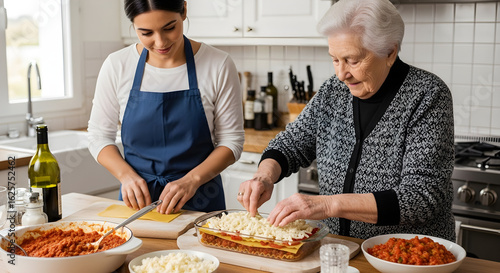 Generations cooking together in a warm kitchen, creating a delicious lasagna meal with love and family togetherness