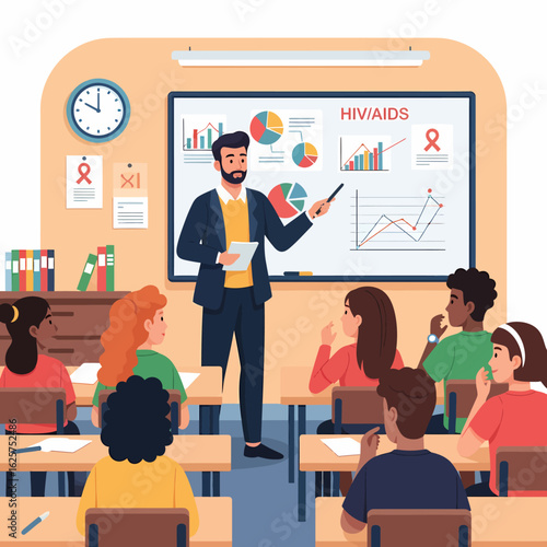 A male teacher presents hiv aids awareness statistics and graphs to a diverse group of students in a classroom setting