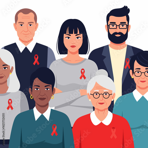 Diverse Group of People Wearing Red Ribbons Raising Awareness and Support