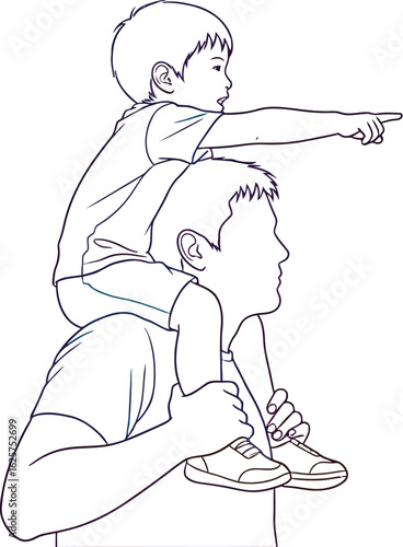 Illustration of a father carrying his son on his shoulders pointing out