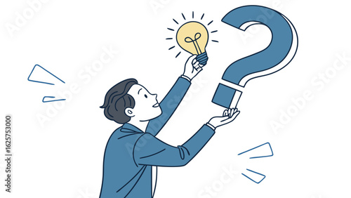 Businessman solving problem:  Creative solution, lightbulb idea, question mark,  flat design, blue color palette, positive mood.