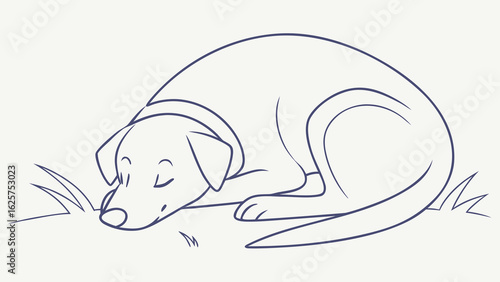 A simple line drawing of a dog curled up and sleeping peacefully on a patch of grass in a cartoon style