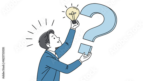 Businessman Finding Solutions:  Innovative Idea, Question Mark, Problem Solving,  Creative Concept,  Flat Design Illustration.