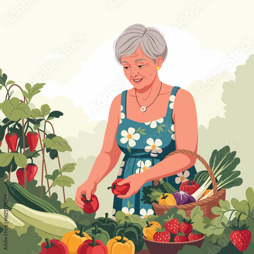 Elderly woman happily harvesting ripe red bell peppers from her abundant garden on a sunny day