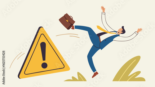 Businessman Tripping Over Warning Sign; Flat Design, Urgent, Caution Concept Illustration