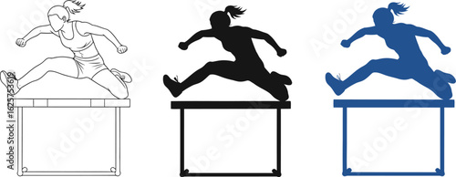 Illustrations of a woman hurdling in outline black and blue colors
