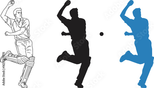 Depiction of cricket bowler in line art silhouette and blue silhouette