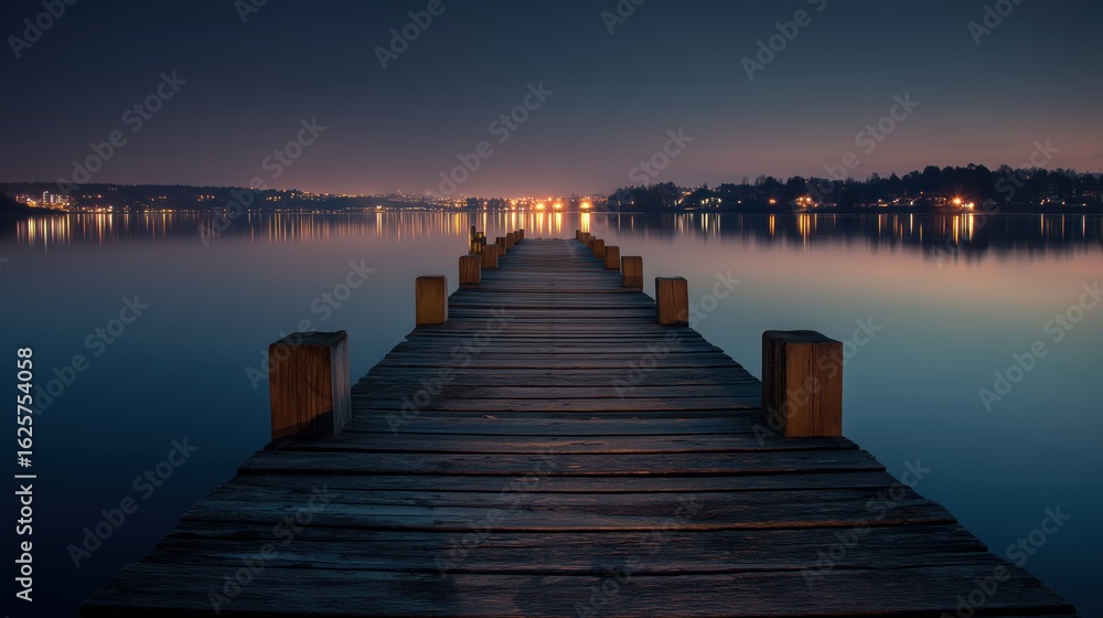 Obraz premium Majestic Wooden Pier Over Calm Lake with Distant City Lights Reflecting in Twilight