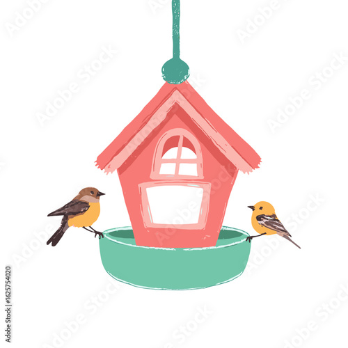 Bird feeder with two yellow birds on white background  
