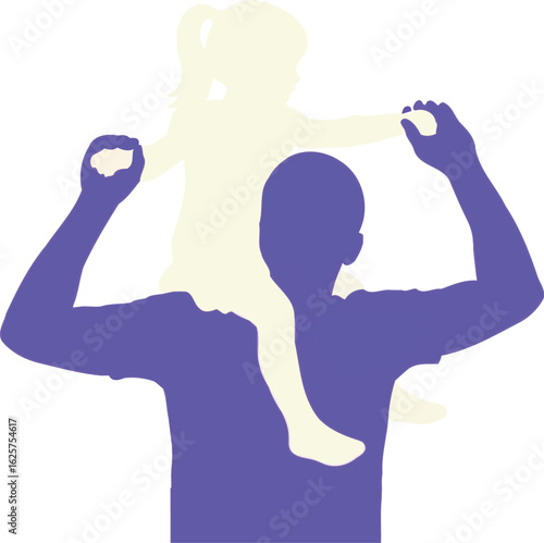 Silhouette of father carrying daughter on shoulders in white background