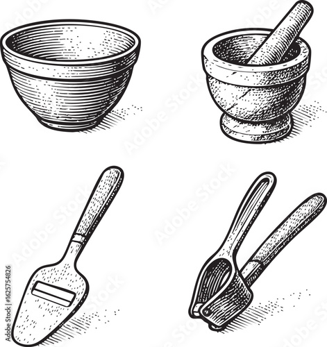 Hand-drawn kitchen bowl and mortar and pestle line art set