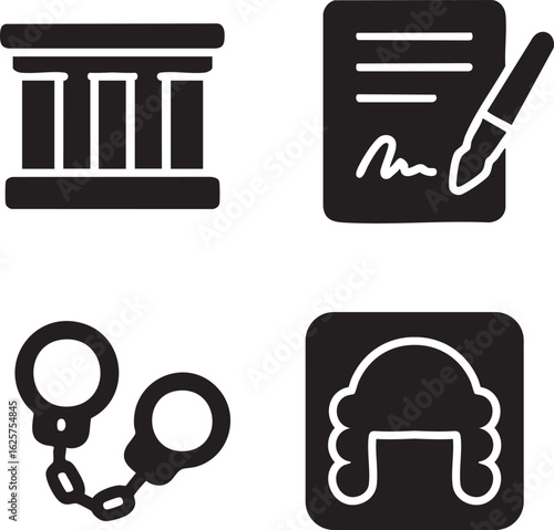 Law enforcement icon set: courthouse, contract, handcuffs, judge’s wig