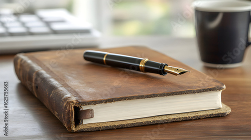 Wallpaper Mural A leather bound journal and pen rest on a wooden desk near a coffee mug. Torontodigital.ca
