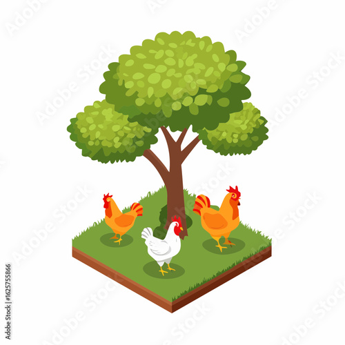Chickens roaming beneath a tree farmyard scene digital natural environment aerial view rural life