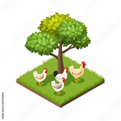 Chickens roaming under a tree farmyard digital lush environment side view rural life concept