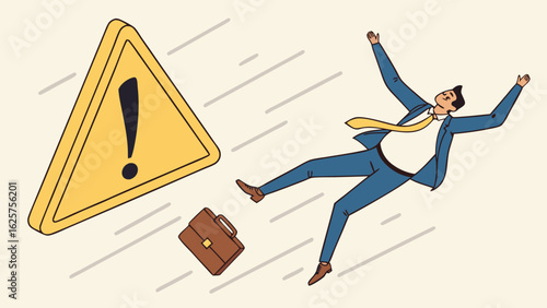 Businessman Falling, Warning Sign, Urgent Crisis, Flat Design, Vector Illustration
