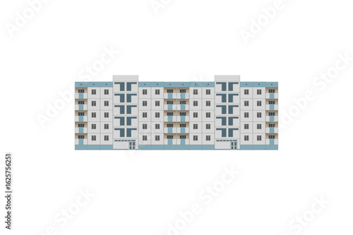 Five-storey white and blue panel apartment building is isolated.