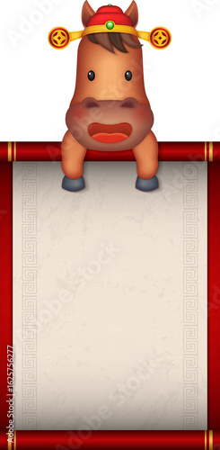 Chinese new year of 3D cartoon nursery character horse holding a traditional paper scroll