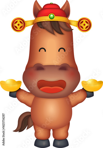 Chinese new year of 3D cartoon nursery character horse holding gold ingot