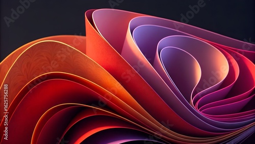 Abstract layered paper art with orange red and purple hues against a dark background design element