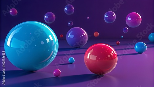 A vibrant display of glossy spheres in various sizes and colors on a purple surface background