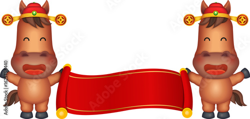 Chinese new year of 3D cartoon nursery character horse holding a traditional paper scroll