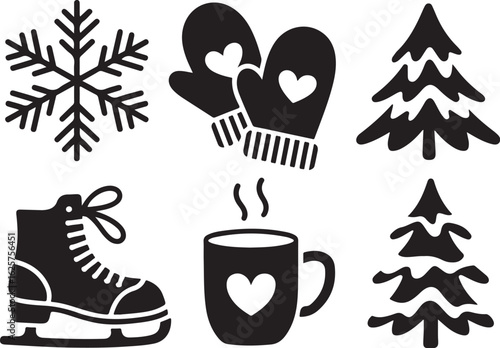 Winter icons set with snowflake, mittens, and hot chocolate