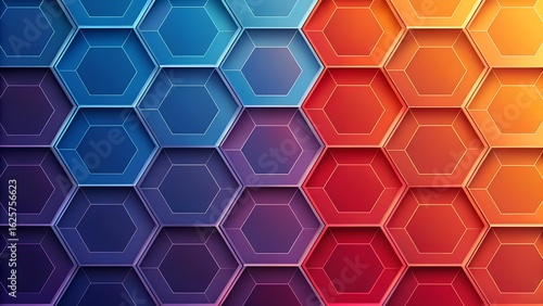 A vibrant background featuring a geometric pattern of interconnected blue and orange hexagons