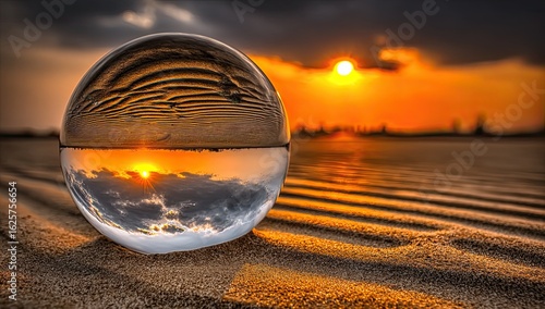 Crystal sphere captures sunset over water