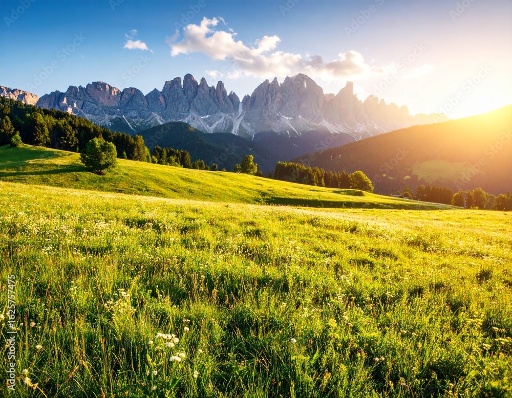 Obraz premium Beautiful summer mountain landscape with green meadows, blooming wildflowers, and sunrise light over the hills. Perfect for nature, travel, outdoor adventure, seasonal themes, or eco-friendly content