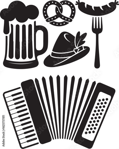 Oktoberfest celebration icons and symbols in black and white illustration
