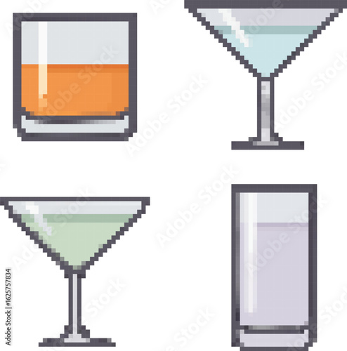Pixel art cocktail and mixed drink glasses collection