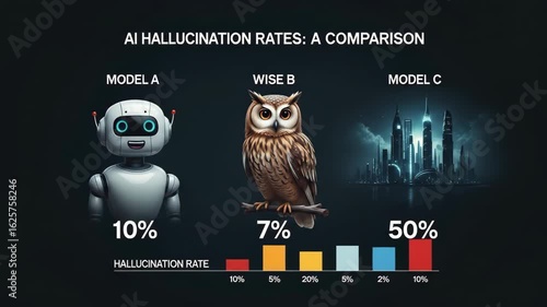 AI Hallucination Rates Comparison: Robot, Owl, and Cityscape Pixel Art Infographic