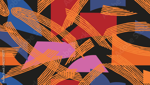 Bild auf Leinwand Dynamic, hand drawn abstract pattern featuring bold geometric shapes in red, orange, blue, and pink, overlaid with expressive orange brushstrokes on a black background