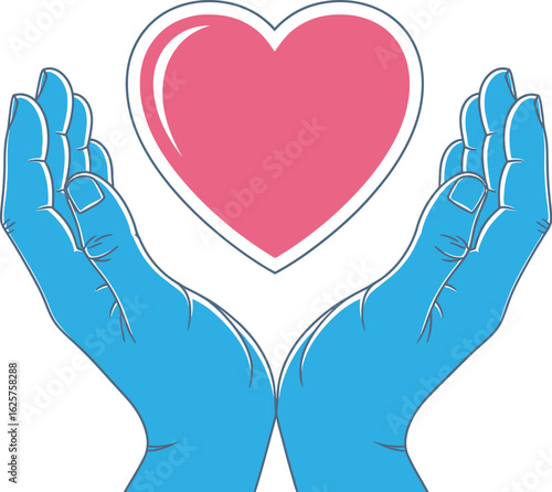 Blue gloved hands holding a pink heart on a white background design