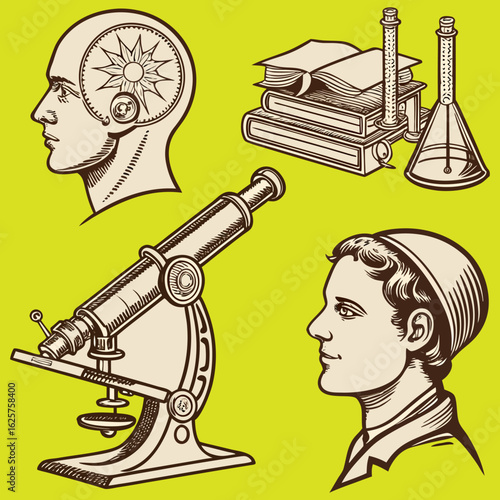 : vintage science - collection of vintage drawings featuring disciplines such as medicine, phrenology, chemistry, palm reading (chiromancy) and nautical .