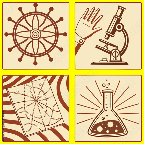 : vintage science - collection of vintage drawings featuring disciplines such as medicine, phrenology, chemistry, palm reading (chiromancy) and nautical .