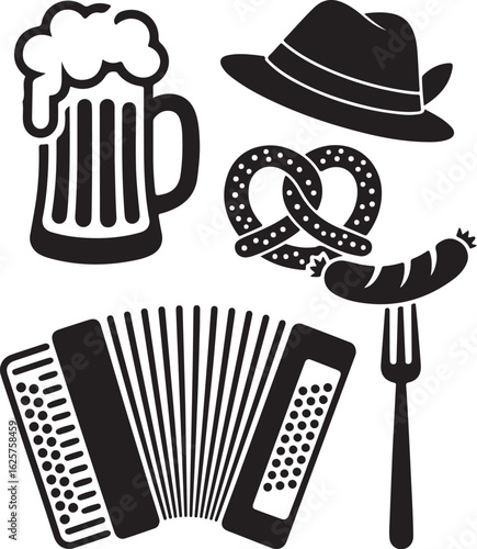 Oktoberfest Celebration Icons with Beer, Hat, Pretzel, Sausage and Accordion