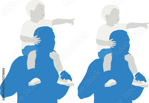 Two fathers carrying their children on their shoulders pointing ahead